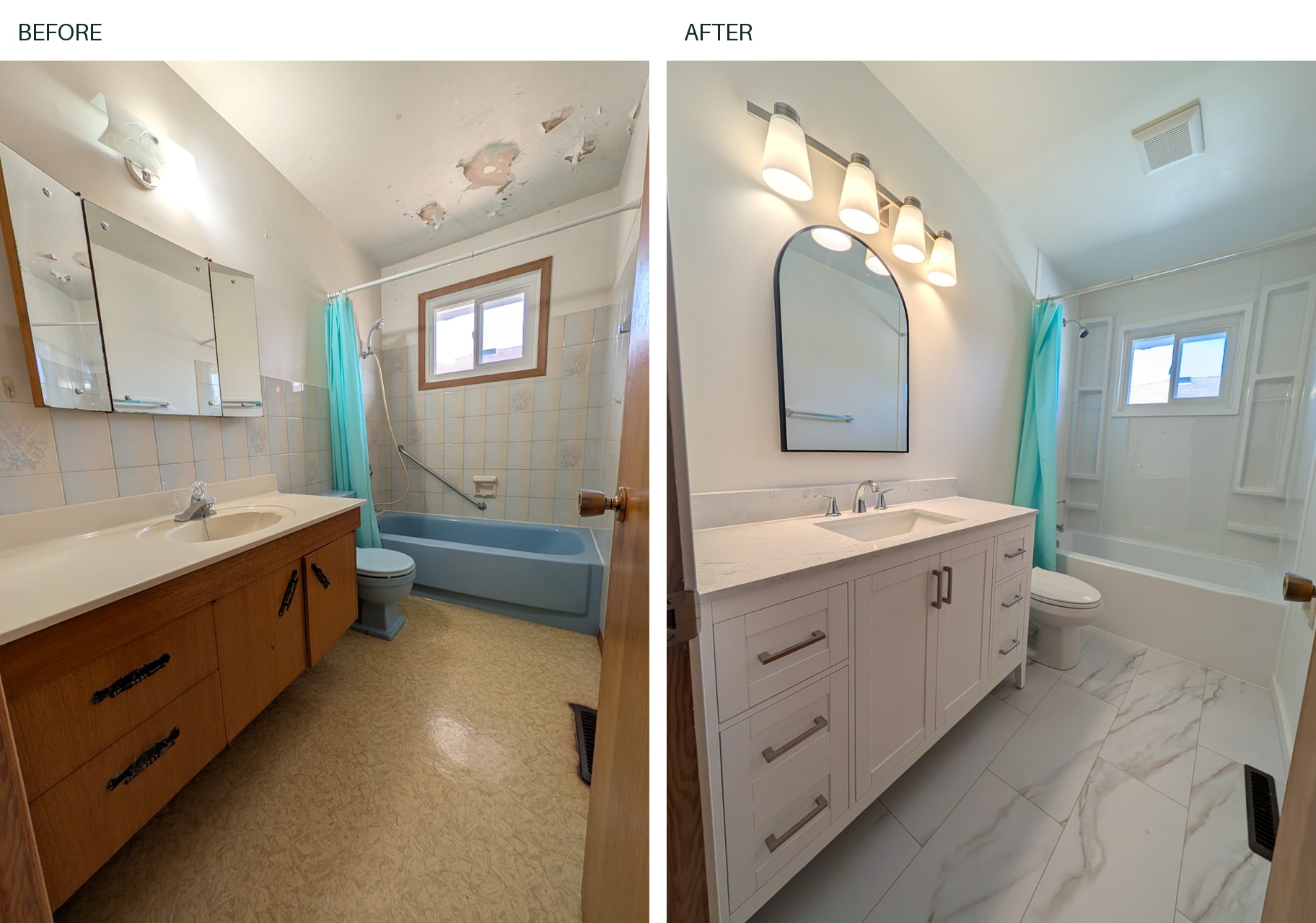 Before and after of the same bathroom: original wood vanity, blue tub and peeling ceiling beside the finished bathroom with a light vanity, white tub surround and tiled floor