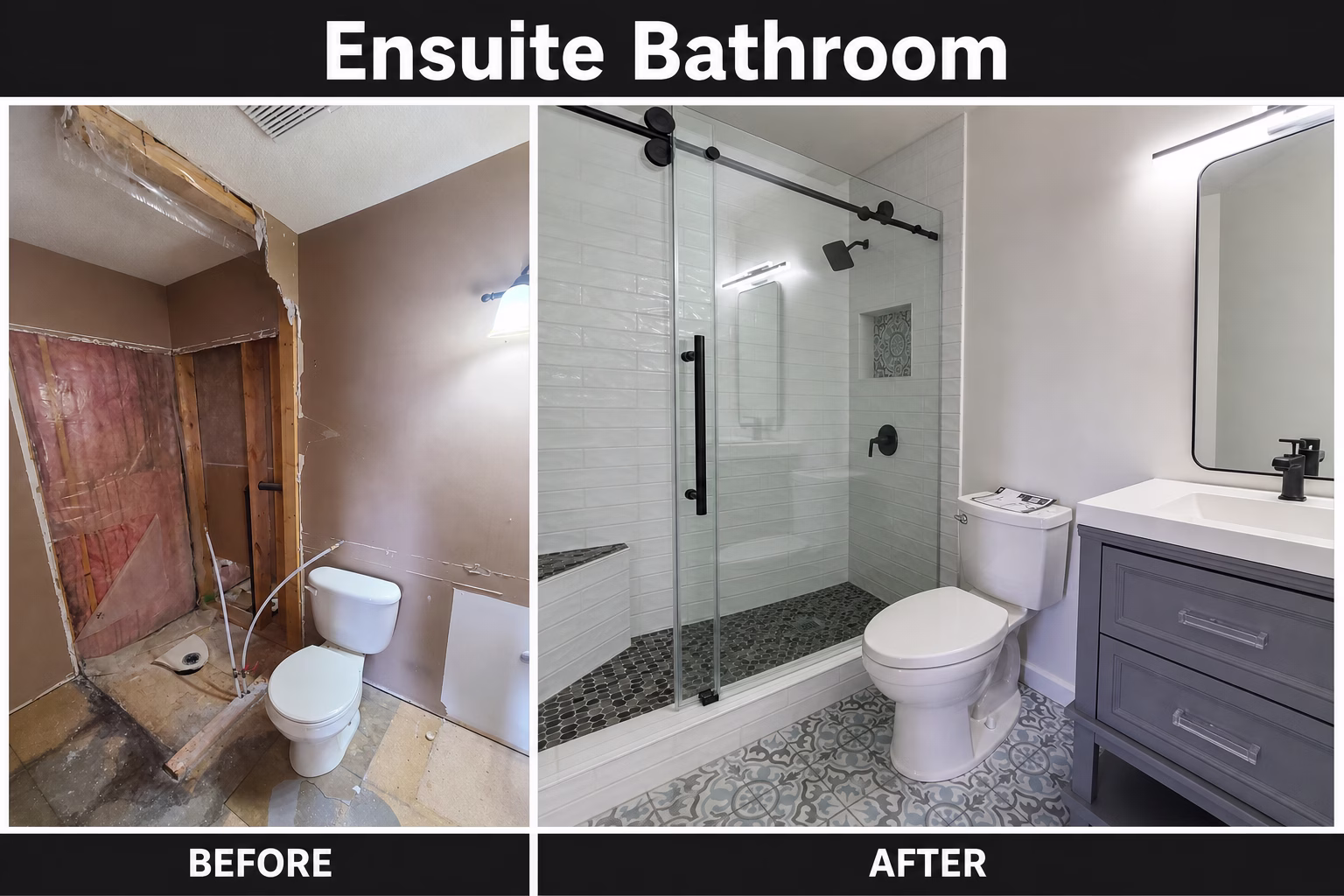 Before and after of an ensuite bathroom renovation in Regina with new glass shower and vanity
